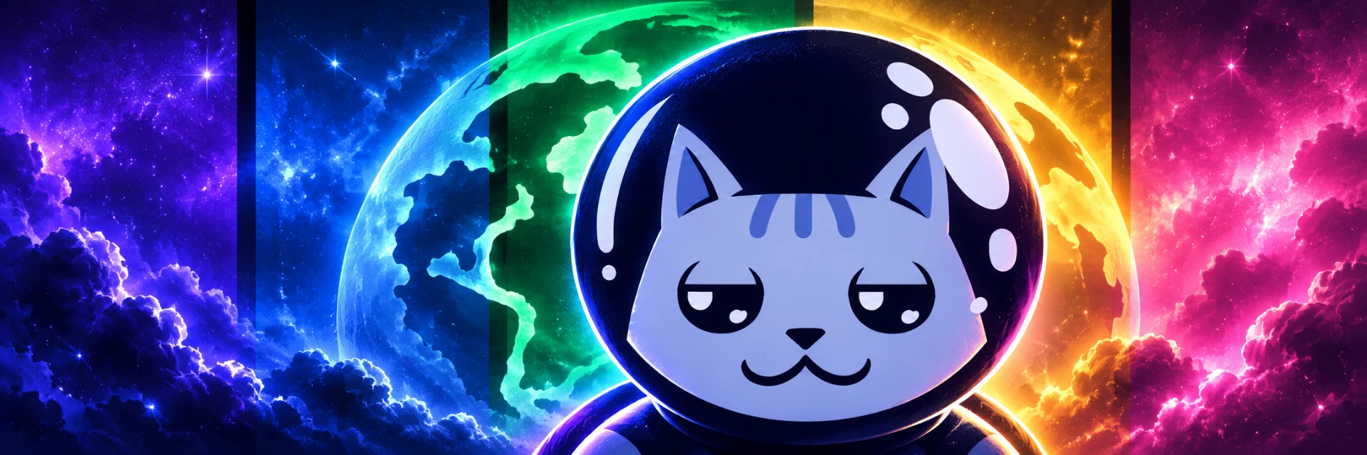 Omnicat in front of the Pangea globe across five colored chains